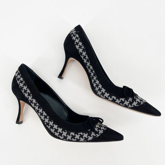 Manolo Blahnik Black Suede Gray Houndstooth Bow Pointed Toe Pumps Heels IT 36 - Picture 3 of 10